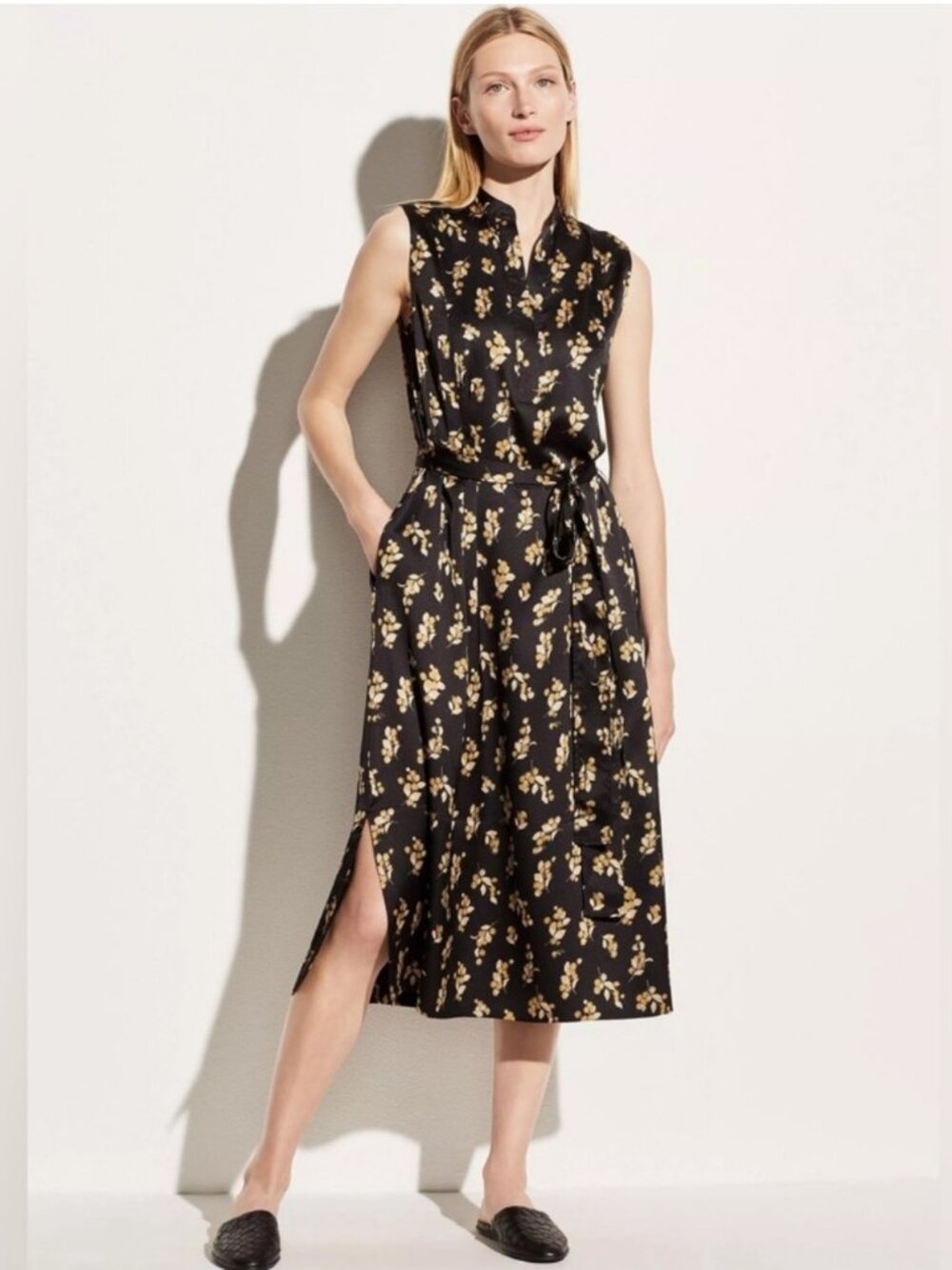 Vince Dandelion Popover Dress Black Gold Floral Satin Midi